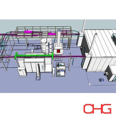 Linha de revestimento em pó combinando pulverização eletrostática automática e estações de arranque manuais para revestimento de perfis de alumínio