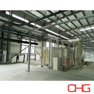 Linha de revestimento de pó durável com cabine de pulverização de polipropileno e transportador aéreo sem energia para revestimento de peças metálicas