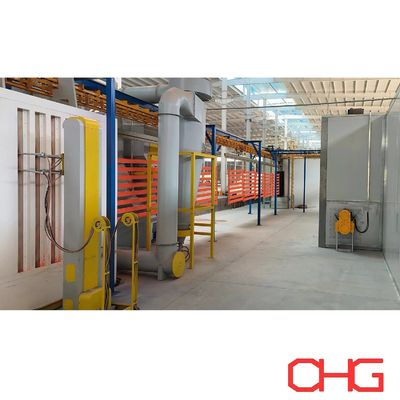 Linha de revestimento em pó de substrato metálico com sistema de transportador sem energia